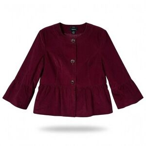 Style & Co Jacket Womens 14 Burgundy Corduroy Peplum 3/4 Bell Sleeve Stretch